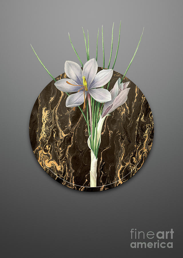Vintage Autumn Crocus Art in Gilded Marble on Soft Gray Painting by Holy Rock Design