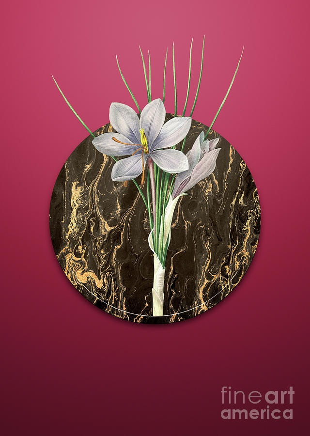 Vintage Autumn Crocus Art in Gilded Marble on Viva Magenta Painting by Holy Rock Design