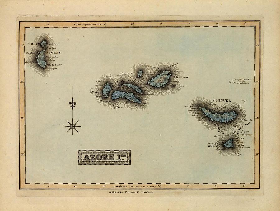 Vintage Azores Islands Map 1823 Drawing by Adam Shaw