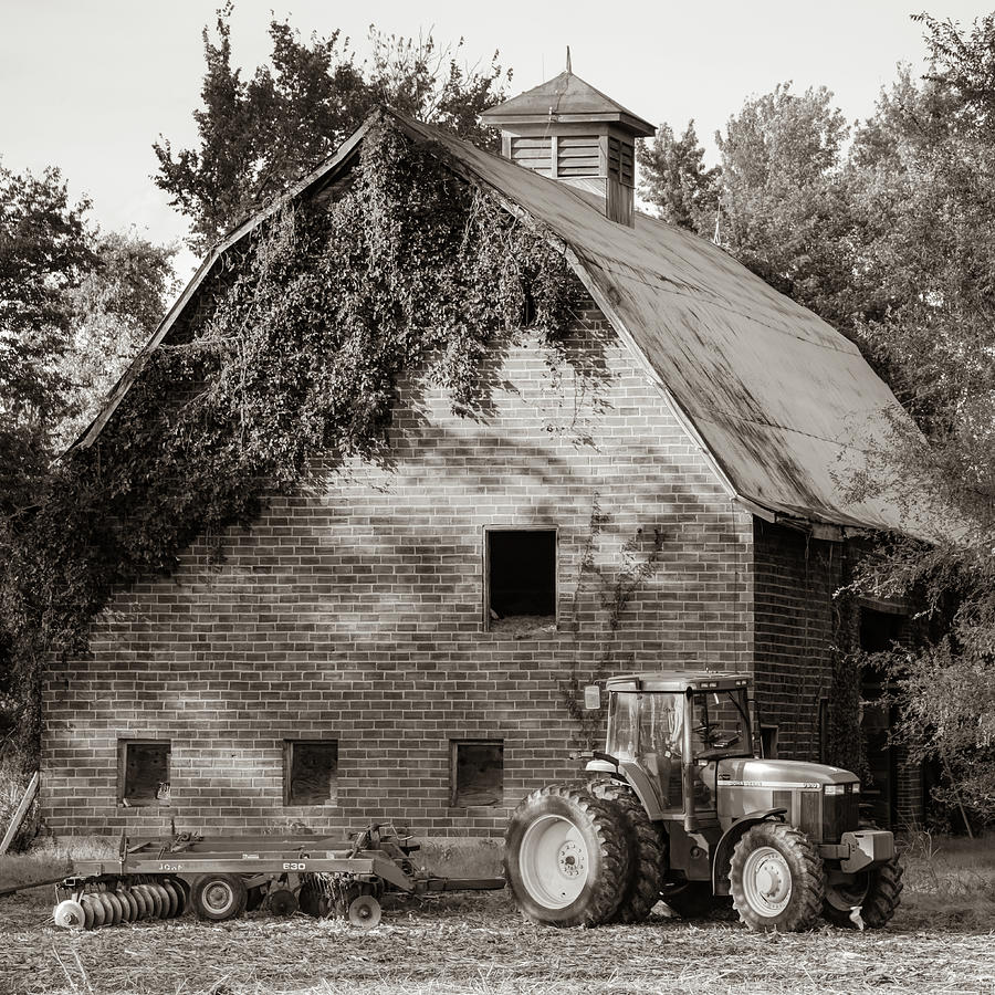 Vintage Barn and Farm Tractor - Sepia 1x1 Photograph by Gregory Ballos