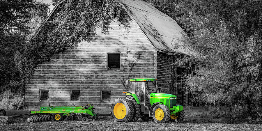 Vintage Barn And Green Tractor Panorama - Selective Color Photograph by Gregory Ballos
