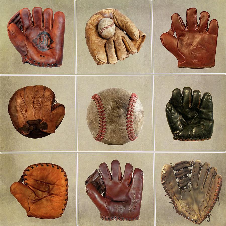 Vintage Baseball Gloves and Ball Mixed Media by David Dehner