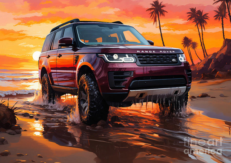 Vintage Beach Land Rover Range Rover Sport Car At Sunset Drawing
