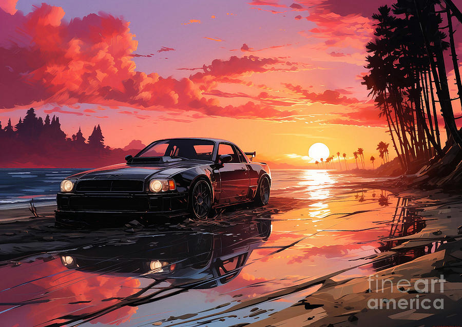 Vintage Beach Nissan Skyline C210 Car At Sunset Drawing
