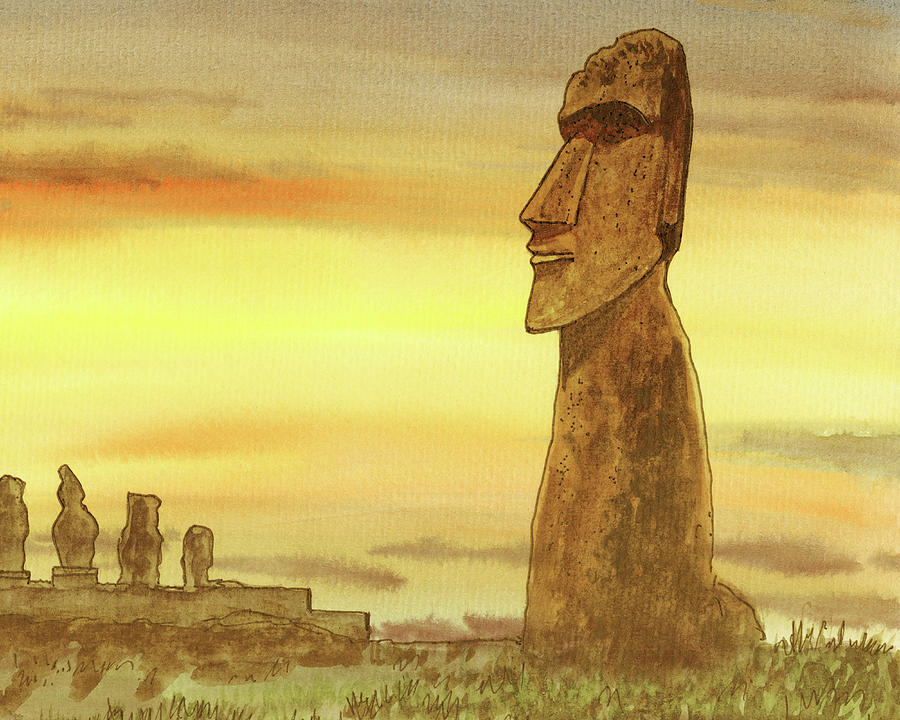 Vintage Beige Watercolor Moai Monumental Statue Easter Island Chile  Painting by Irina Sztukowski