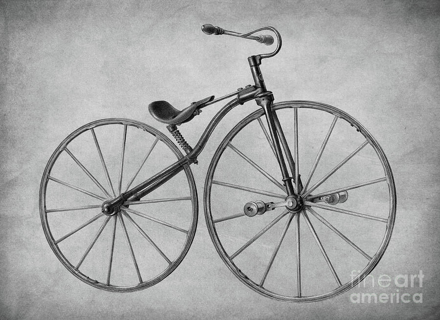 Vintage Bicycle by Alfred Koehn in black and white Drawing by Mark Miller