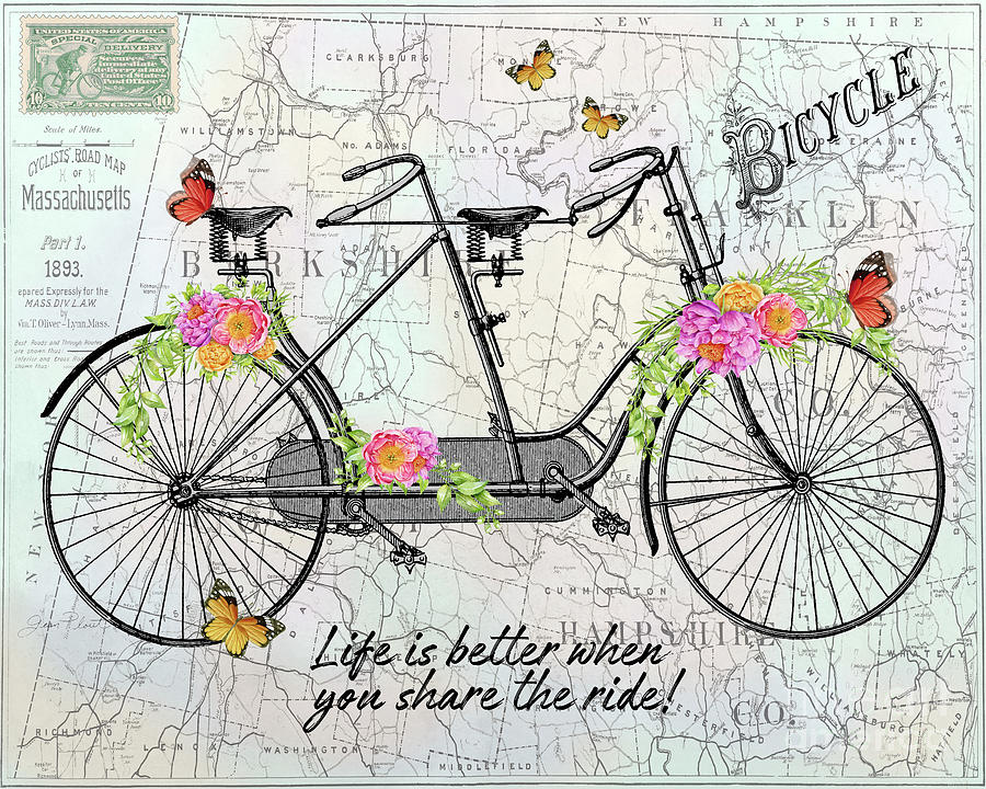 Vintage Bicycle With Map B Mixed Media by Jean Plout