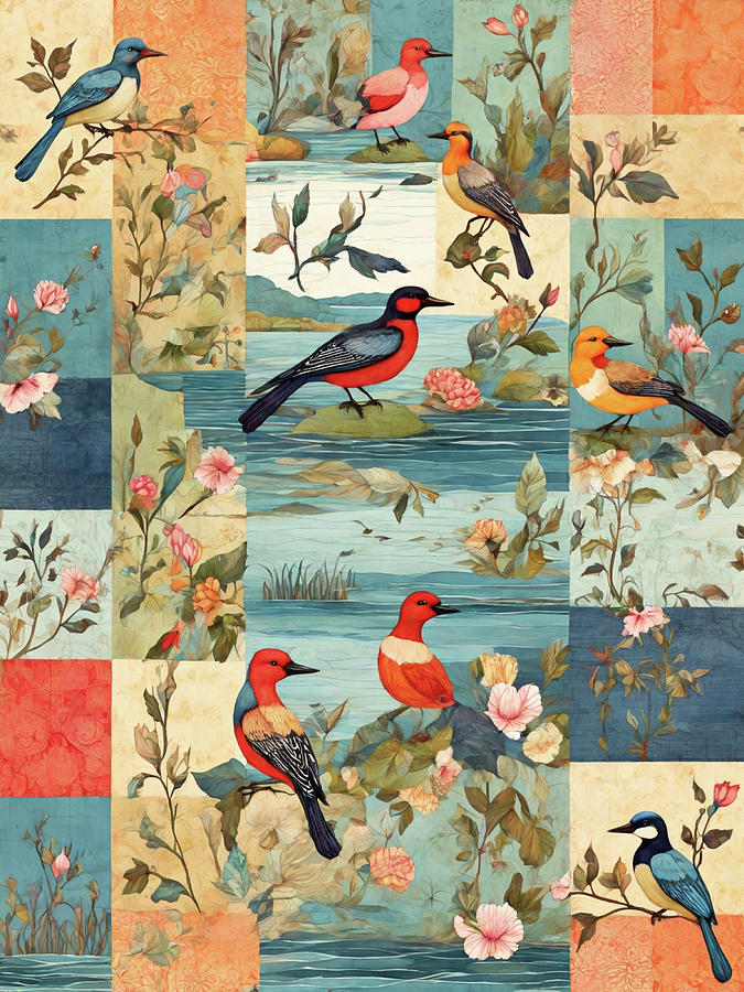 Vintage Birds at the Lake Digital Art by Sophia Gaki Artworks