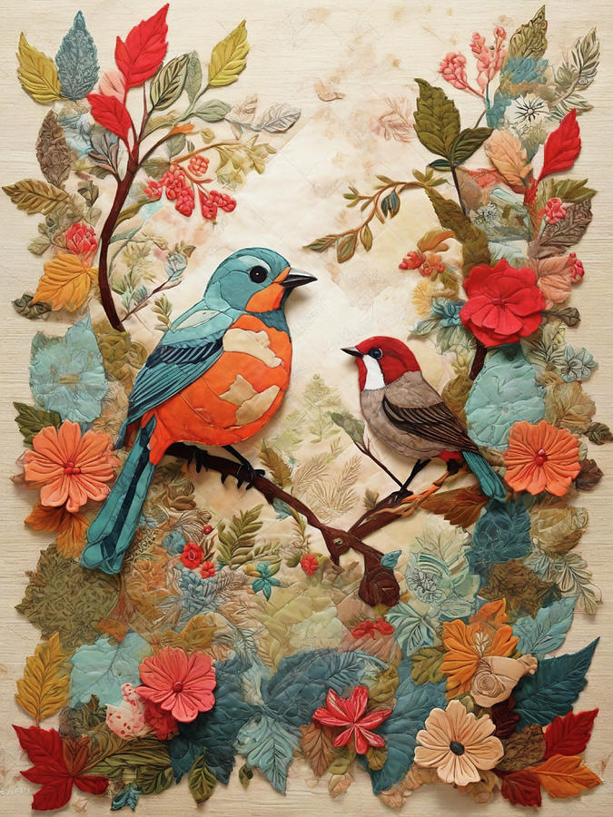 Vintage Birds in the Forest Digital Art by Sophia Gaki Artworks