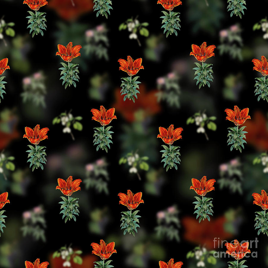 Vintage Blood Red Lily Floral Garden Pattern on Black n.2141 Mixed Media by Holy Rock Design