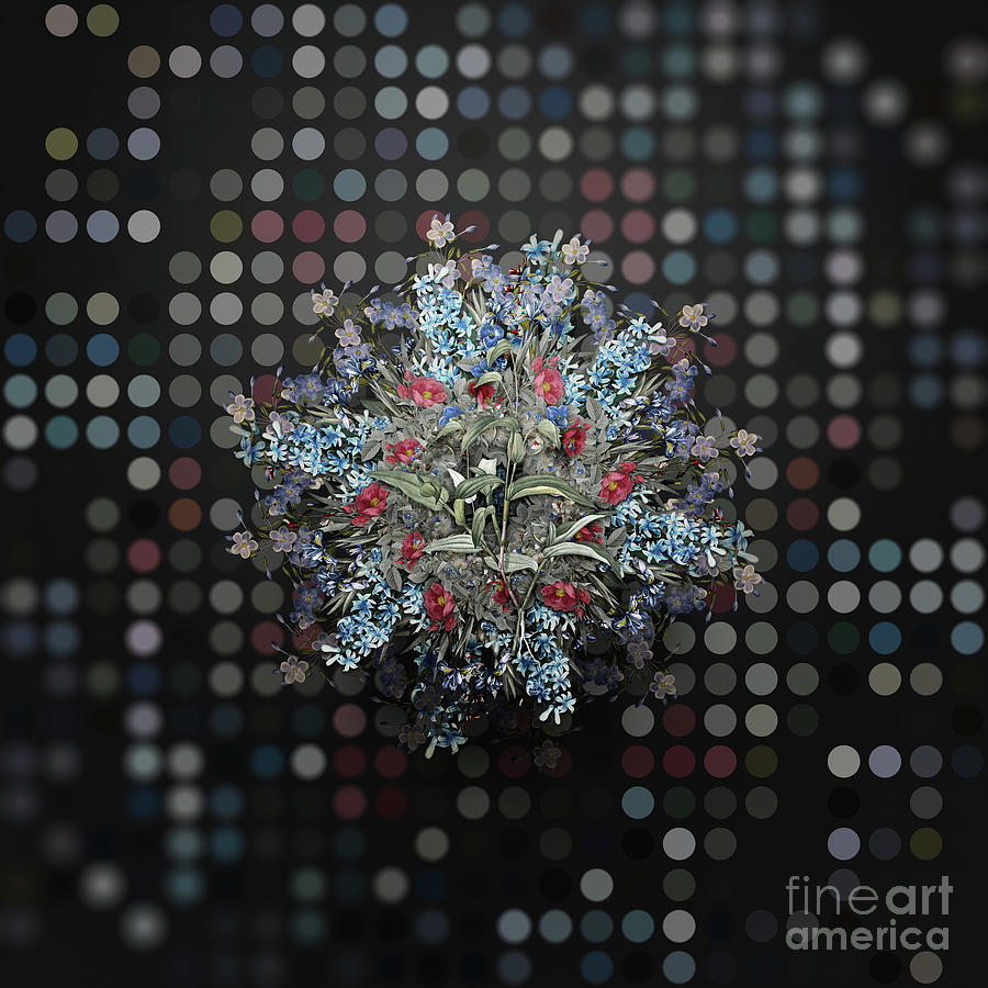 Vintage Painting - Vintage Blue Spiderwort Flower Wreath on Bokeh Dot Pattern n.0208 by Holy Rock Design