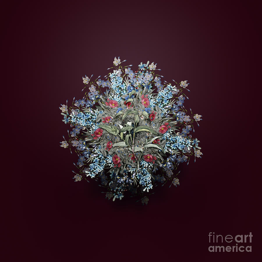Vintage Painting - Vintage Blue Spiderwort Flower Wreath on Wine Red n.4889 by Holy Rock Design