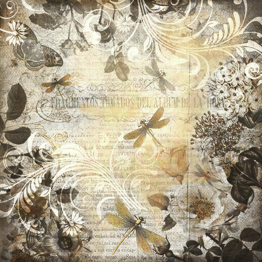 Vintage Botanical and Dragonflies Collage Art Digital Art by Peggy Collins