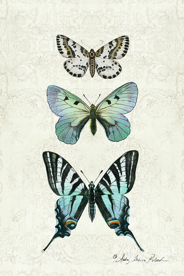 Vintage Botanical Butterfly Trio Blue Aqua White Gold Black Painting by Audrey Jeanne Roberts