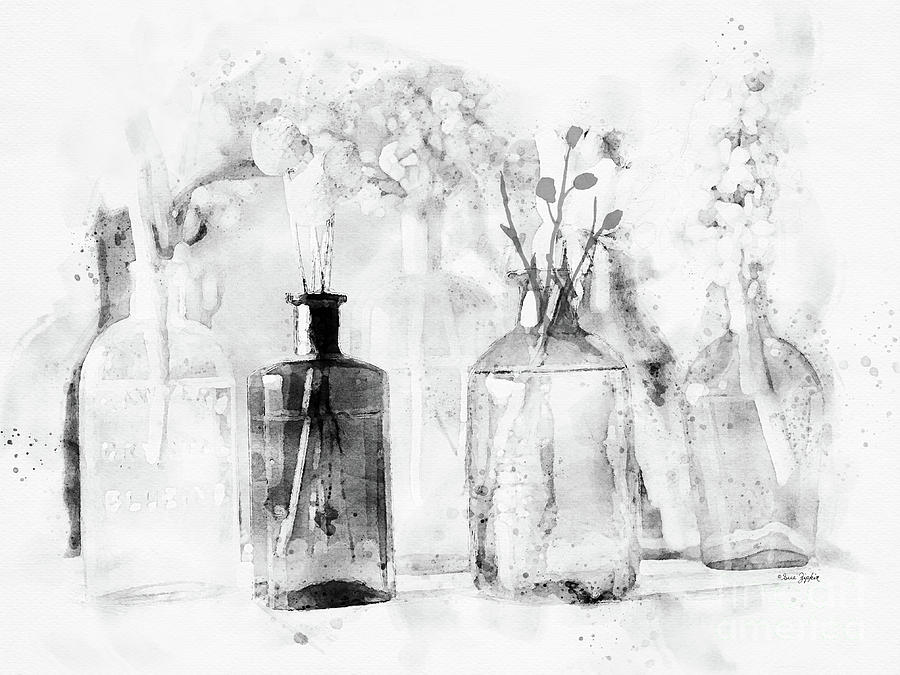 Vintage Bottles in Black and White Digital Art by Sue Zipkin