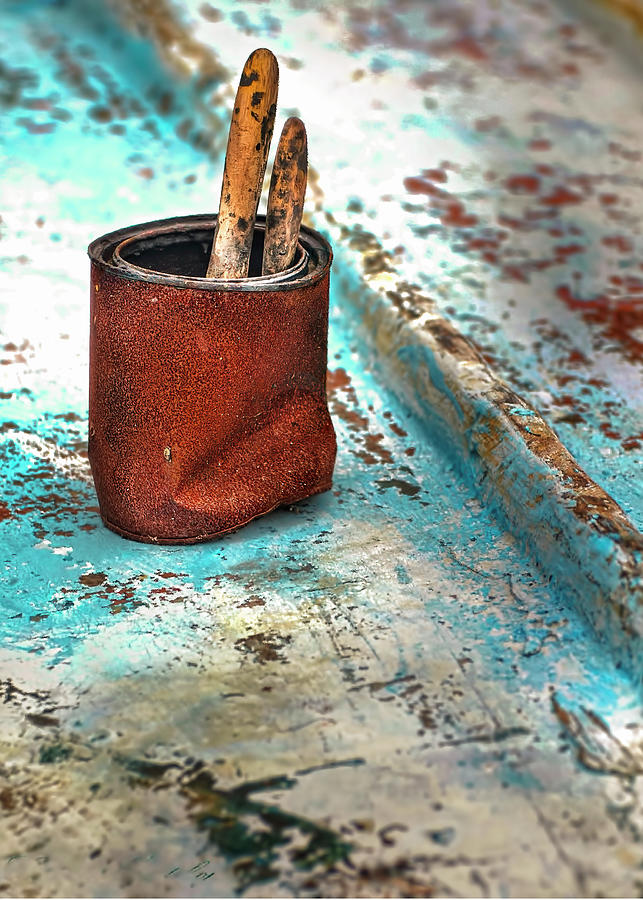 Rusted Paint Can On the Hull of a Wooden Rowboat Photograph by Cordia Murphy