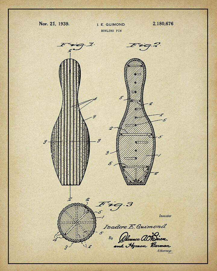 Vintage Bowling Pin Patent - 1939 Digital Art by Dale Kincaid Vintage Bowling Pin Patent - 1939 Digital Art by Dale Kincaid
