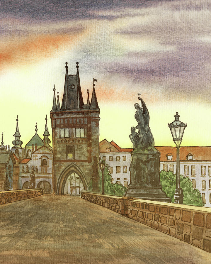 Vintage Bridge jof Prague Czech Republic Watercolor Painting by Irina Sztukowski