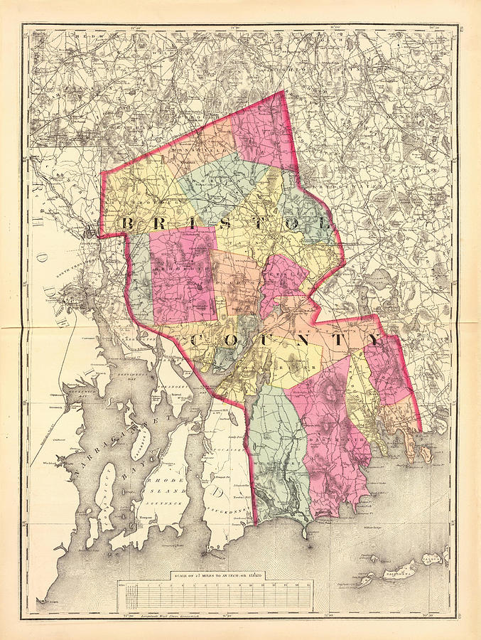 Vintage Bristol County MA Map 1871 Drawing by Adam Shaw  Fine Art America