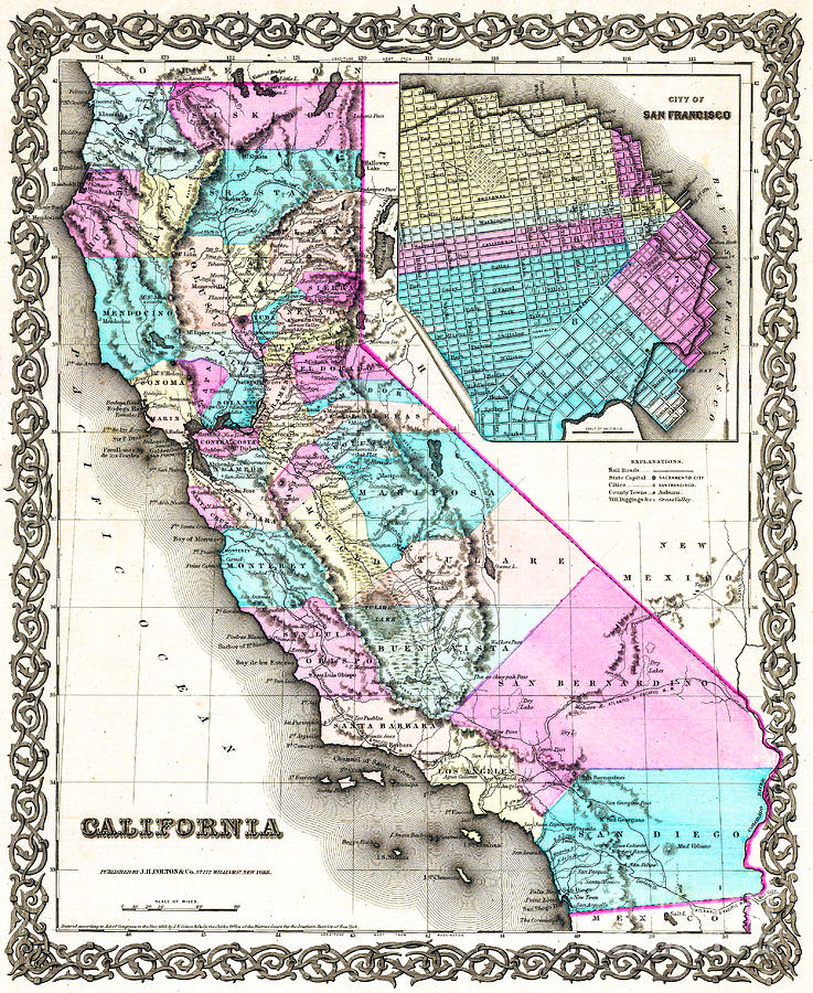 Vintage California and San Francisco Historic Map 1855 by Colton Painting by Peter Ogden