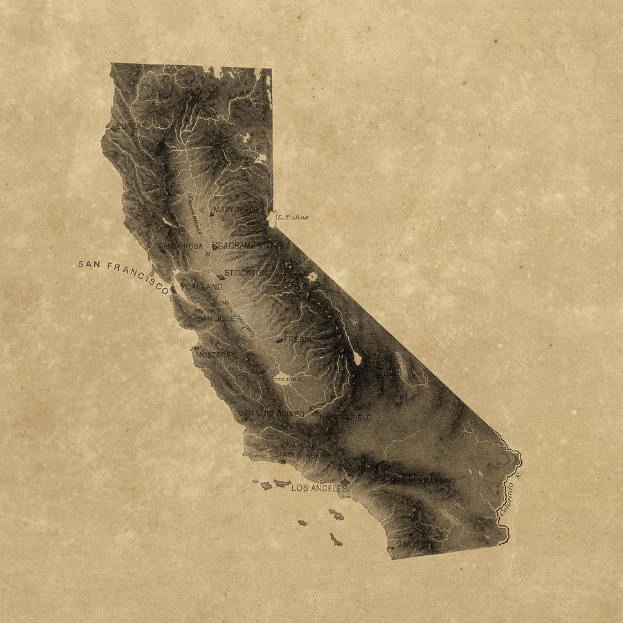 Vintage California Relief Map Drawing by Blue Monocle