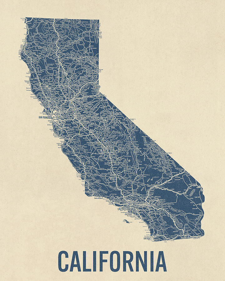 Vintage California Road Map, Blue on Beige #1 Drawing by Blue Monocle