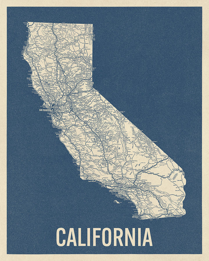 Vintage California Road Map, Blue on Beige #2 Drawing by Blue Monocle