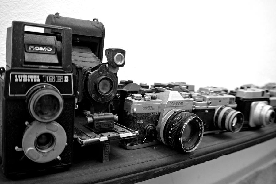 Vintage Cameras Black and White Photograph by Cathy Rose Rader Fine