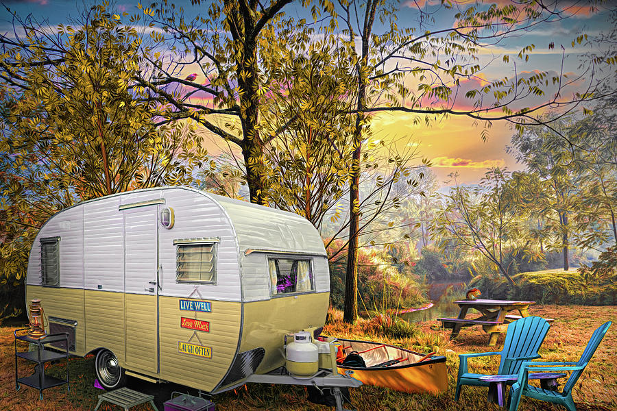 Vintage Camping at the Creek Painting Photograph by Debra and Dave Vanderlaan