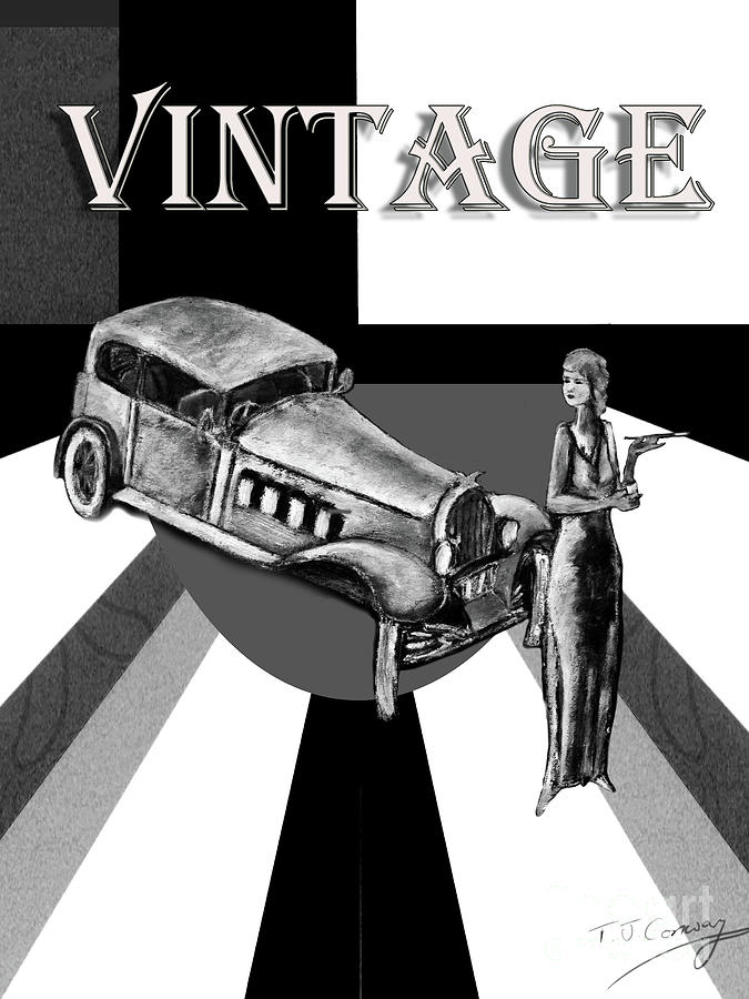 Vintage car and young woman, in black and white   Painting by Tom Conway