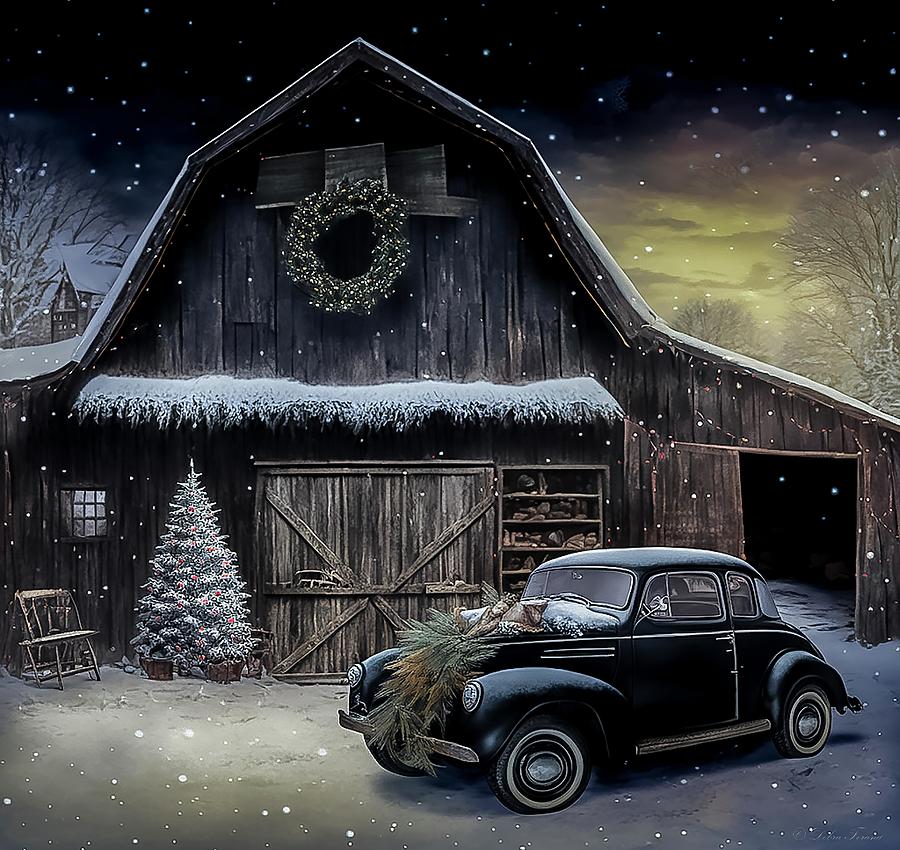Vintage Car Christmas Scene  Digital Art by Debra Forand