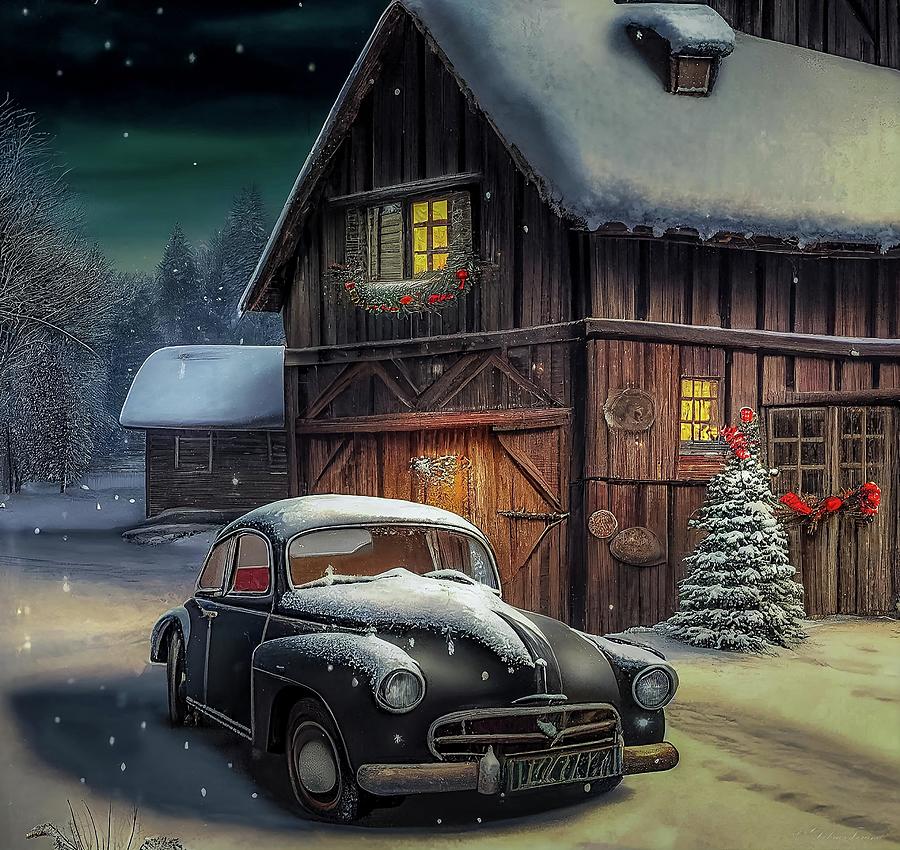 Vintage Car Christmas Scene With Barn Digital Art by Debra Forand