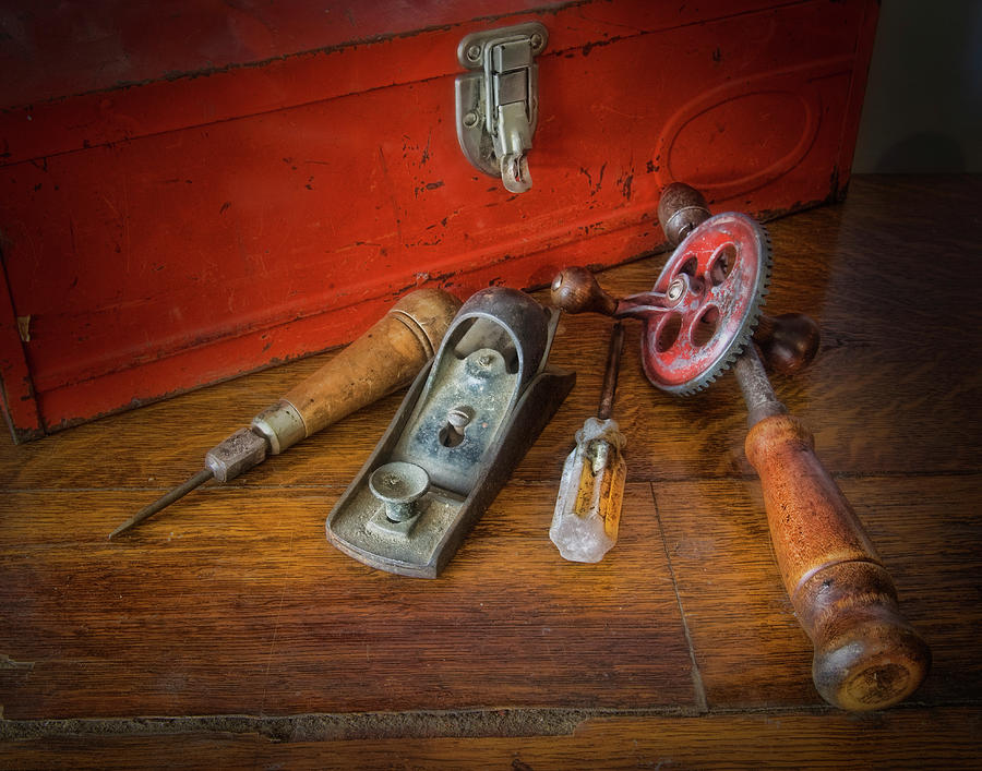 Vintage Carpenter Tools and Red Tool Box Photograph by David and Carol Kelly