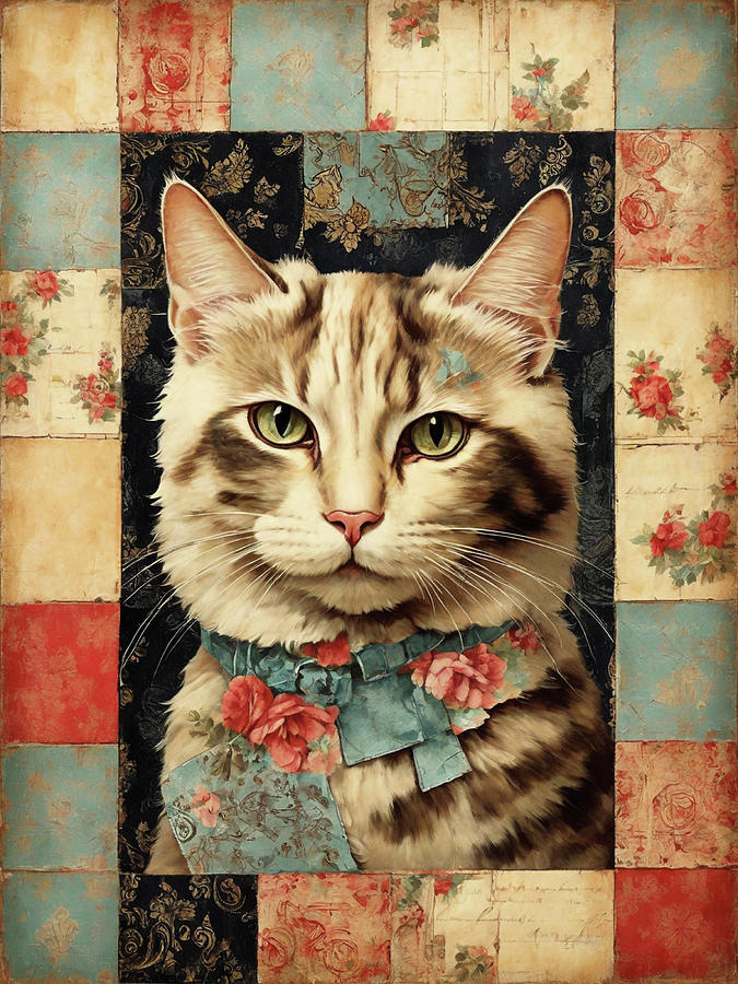 Vintage Cat Portrait Digital Art by Sophia Gaki Artworks
