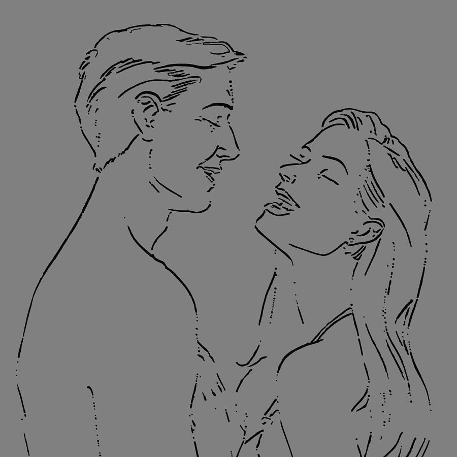 Vintage girlfriend hugging her boyfriend, Valentines theme line drawing,  couple love illustration Art Print by Mounir Khalfouf - Fine Art America