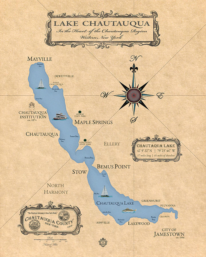 Vintage Chautauqua Lake Map Bemus Ink 