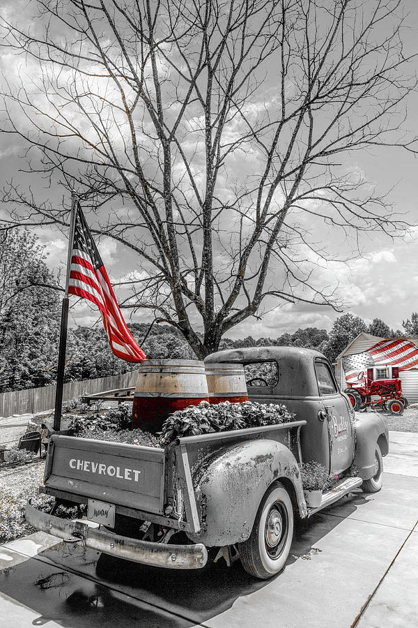Vintage Chevrolet at Buckley Vineyards Black and White  and Red Photograph by Debra and Dave Vanderlaan
