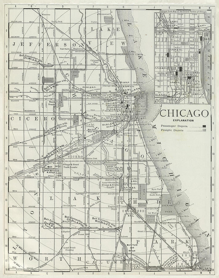 Vintage Chicago IL Map 1889 Drawing by Adam Shaw