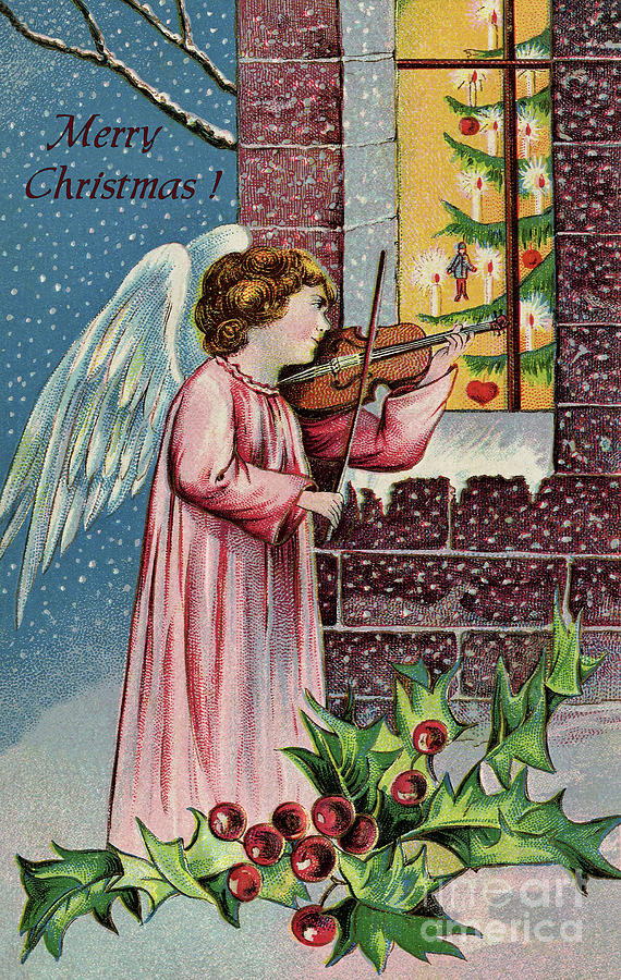 Vintage Christmas angel child playing the violin Drawing by Aapshop