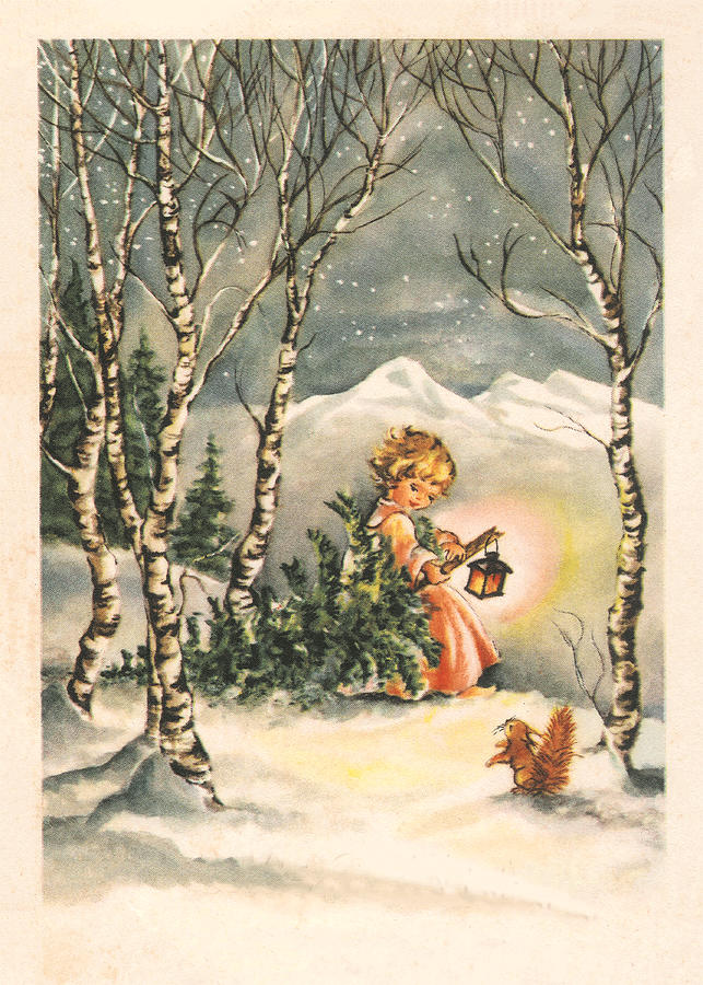 Vintage Retro Christmas, little girl with tree and latern greeting card. Mixed Media by Inge Lewis