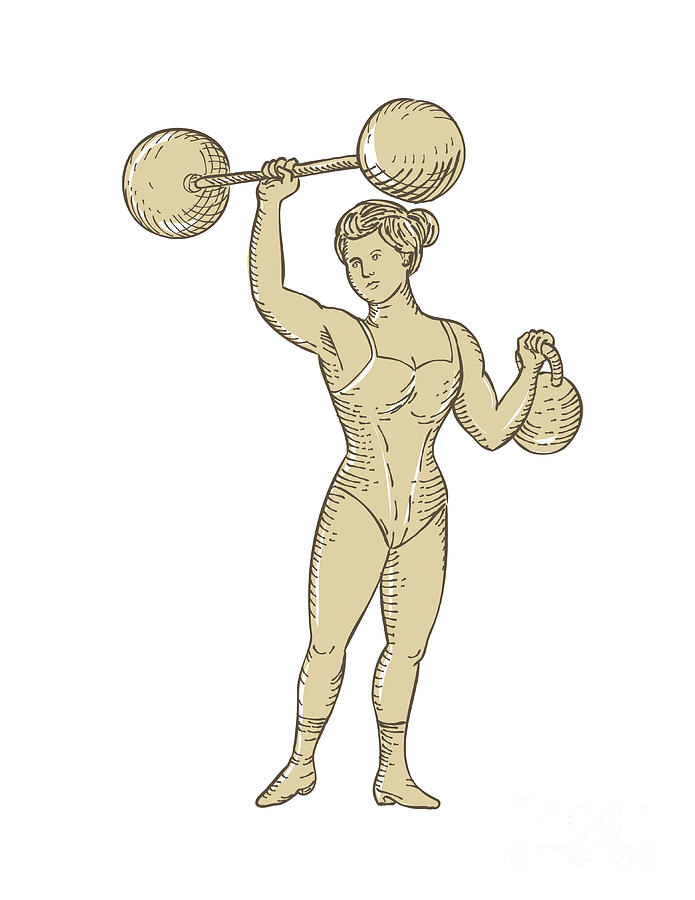 Vintage Digital Art - Vintage Circus Strongwoman Female or Lady Strongman Lifting Barbell on One Hand and Kettlebell in Etching Engraving Style  by Aloysius Patrimonio