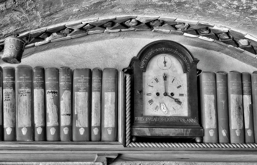 Vintage Clock And Books BW Photograph by Susan Candelario