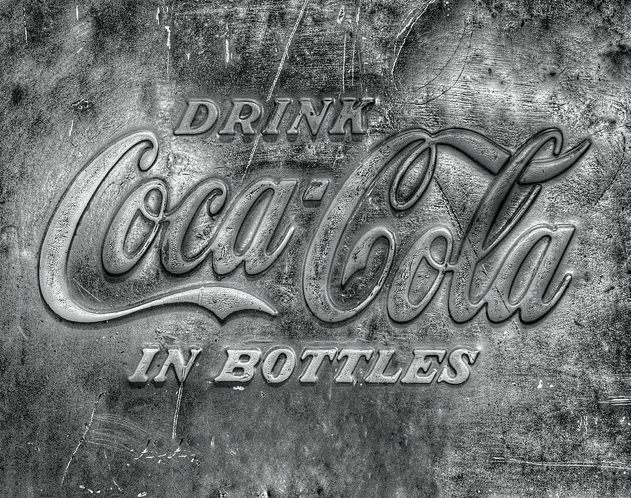 Vintage Coca Cola Vending Machine Signage - Black and White Photograph by Marianna Mills