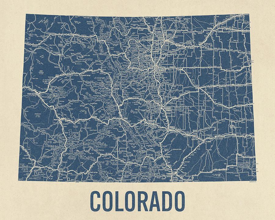 Vintage Colorado Road Map, Blue on Beige #1 Drawing by Blue Monocle