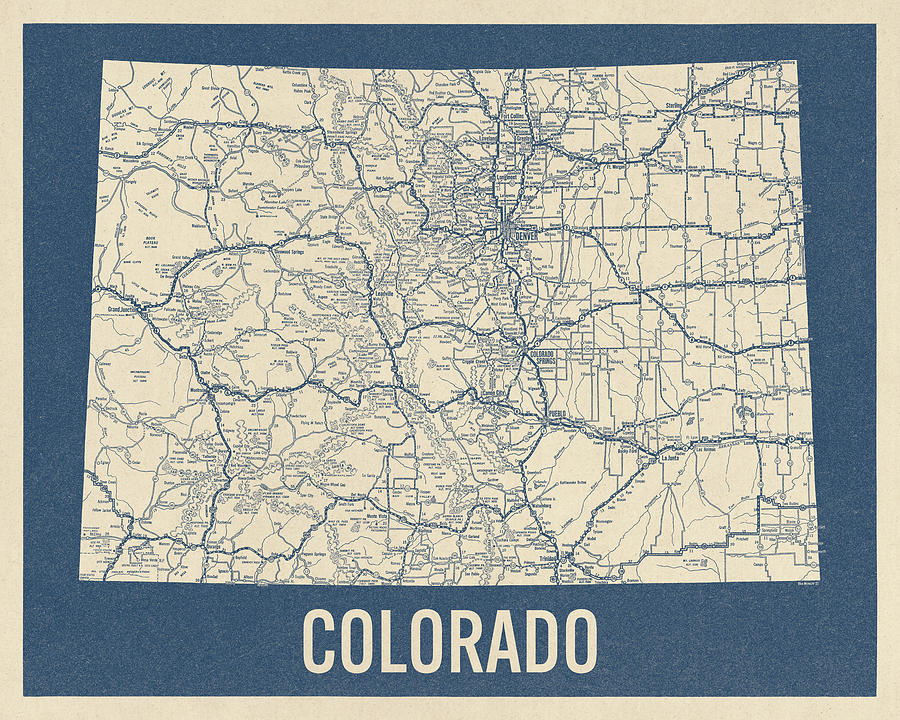 Vintage Colorado Road Map, Blue on Beige #2 Drawing by Blue Monocle