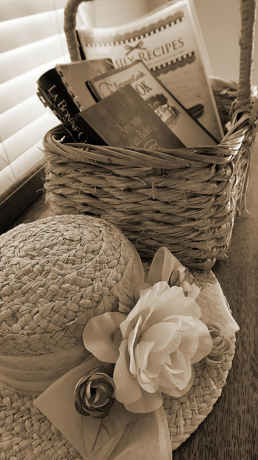Vintage Cookbooks And Straw Hat Vertical Sepia Photograph