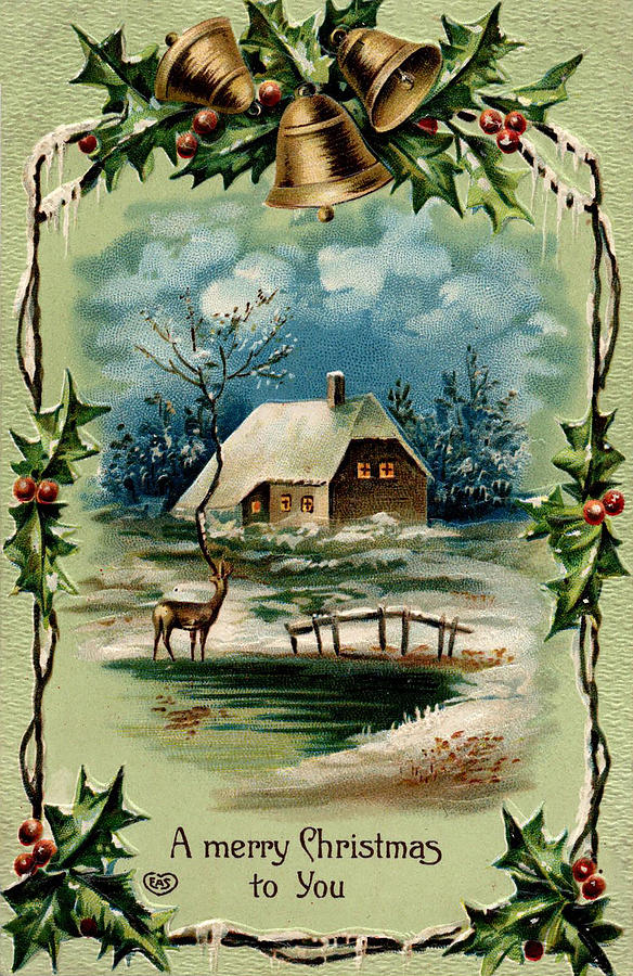 Holiday Photograph - Vintage Cottage and Deer Christmas Postcard by Kristia Adams