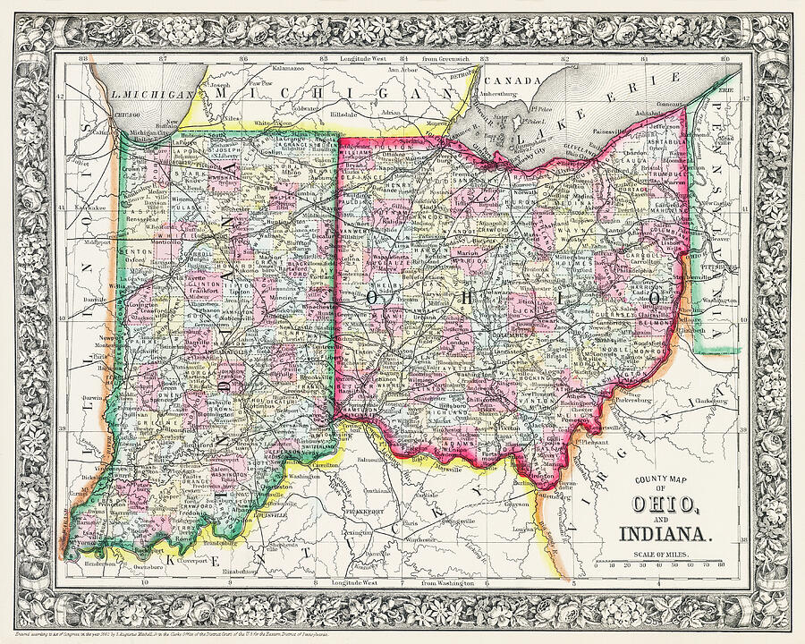 Vintage County Map of Ohio and Indiana 1863 Photograph by Carol Japp