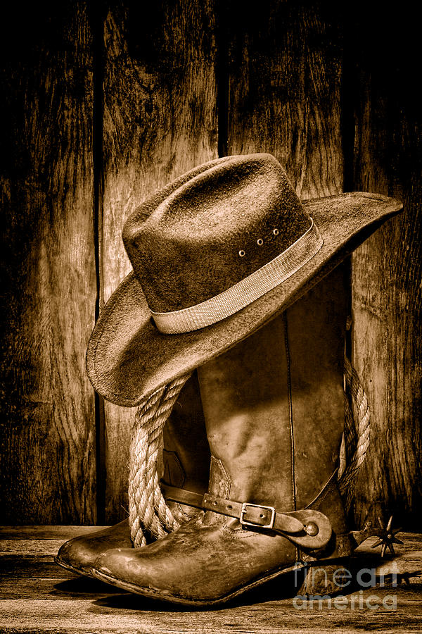 Vintage Cowboy Boots - Sepia Photograph by Olivier Le Queinec
