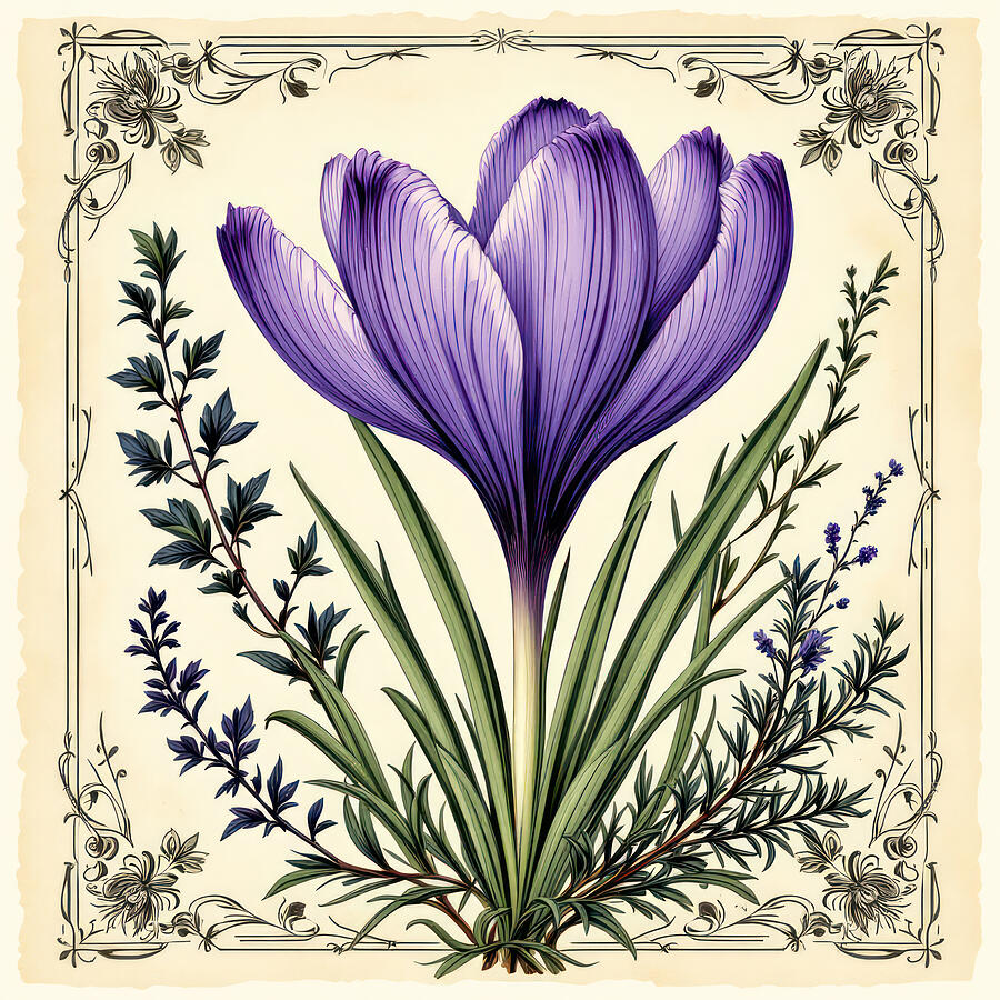 Vintage Crocus Ai Art by Kim Hojnacki Vintage Crocus Ai Art by Kim Hojnacki
